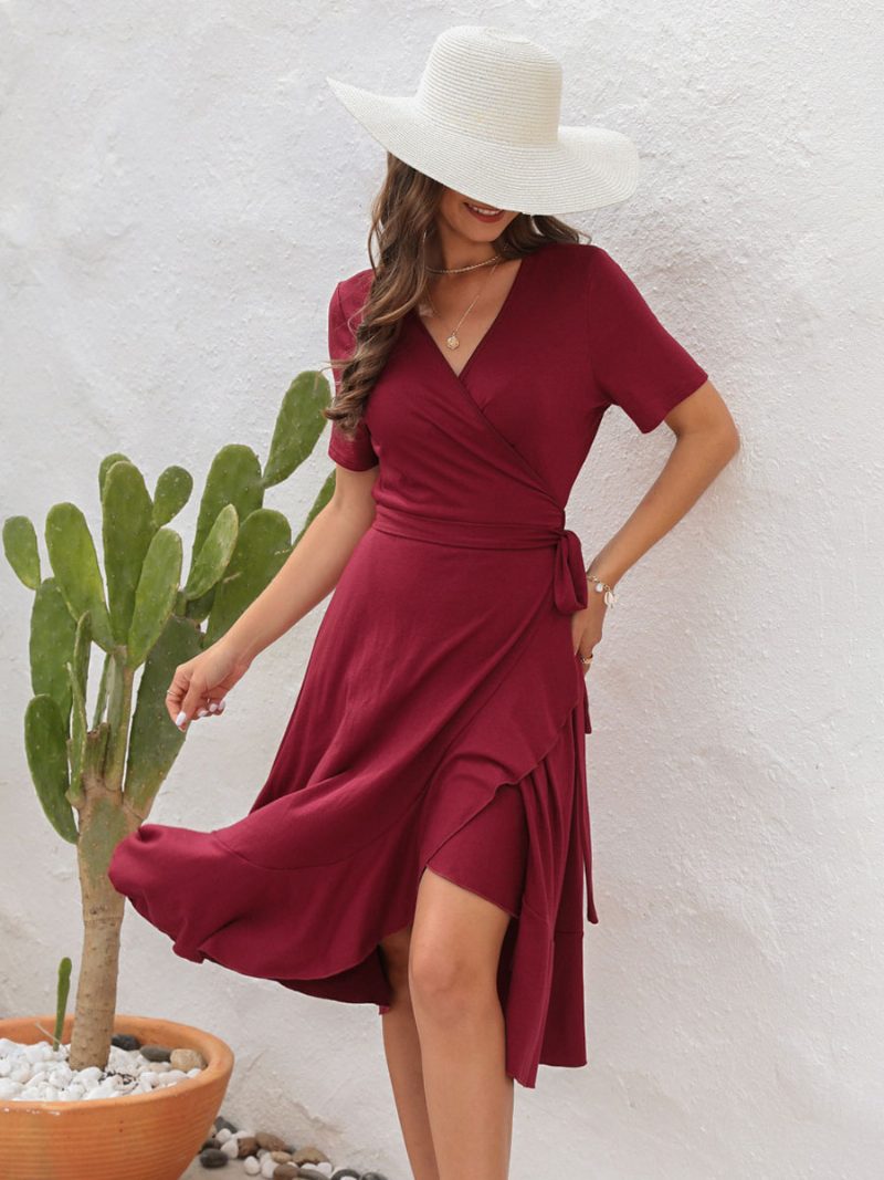 Sommer-midikleid Für Damen Rotes Strandkleid Mit V-ausschnitt Und Rüschen