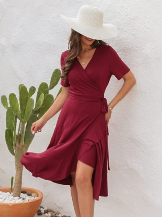 Sommer-midikleid Für Damen Rotes Strandkleid Mit V-ausschnitt Und Rüschen