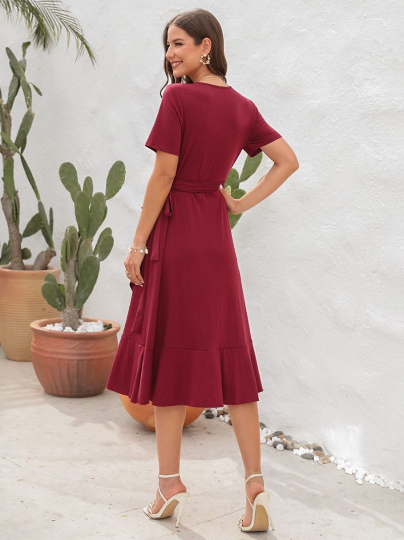 Sommer-midikleid Für Damen Rotes Strandkleid Mit V-ausschnitt Und Rüschen - Rot