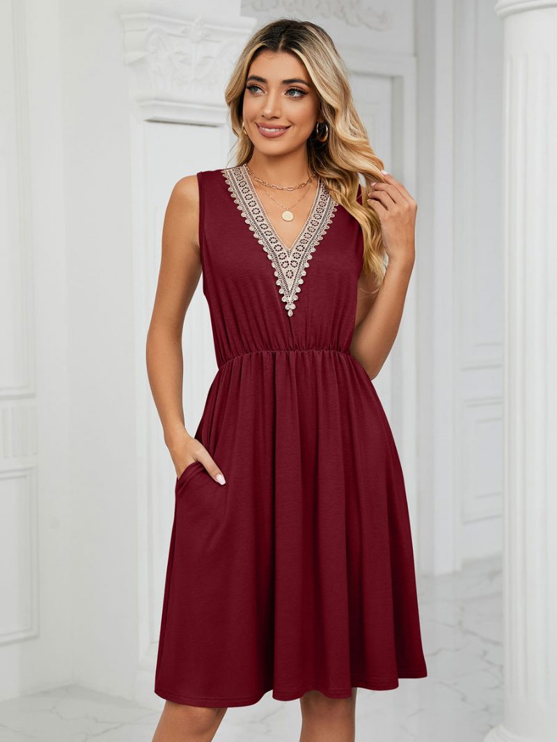 Sommerkleid Für Damen V-ausschnitt Zinn Mittelgroß Strandkleid - Burgund