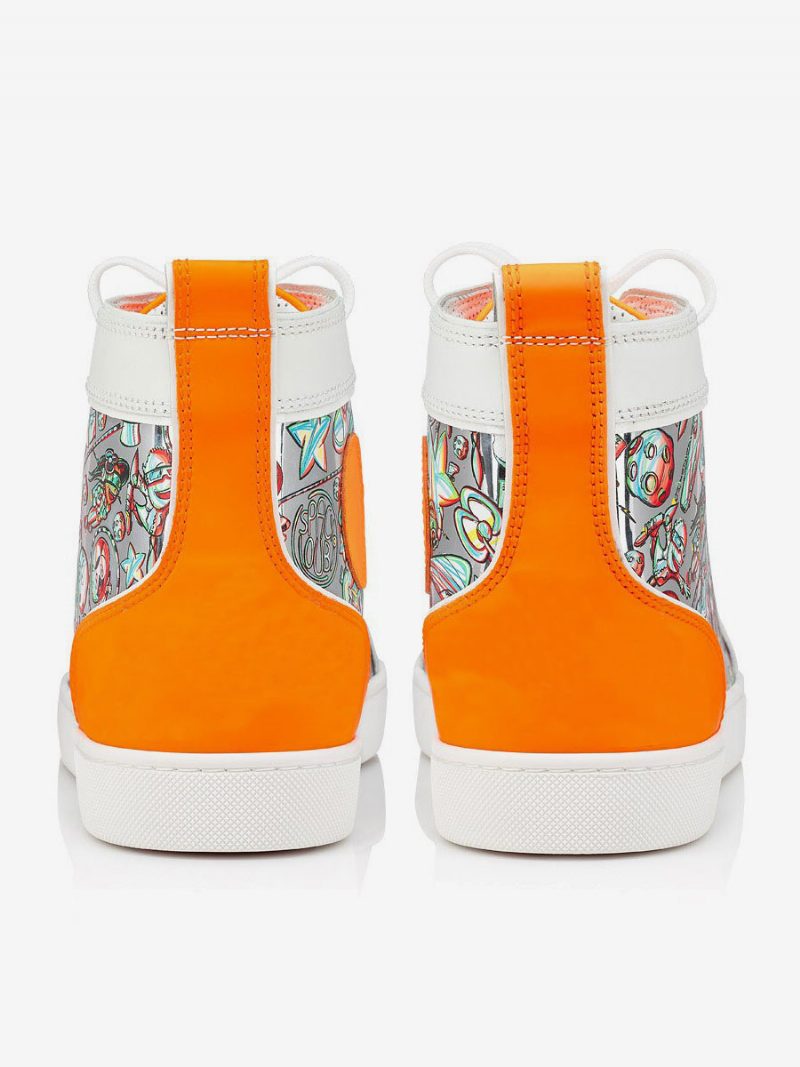 Herren-high-top-sneaker Für Abschlussball Und Party Orangefarbene High-top-sneaker Zum Schnüren Mit Runder Zehenpartie Artwork-print - Orange