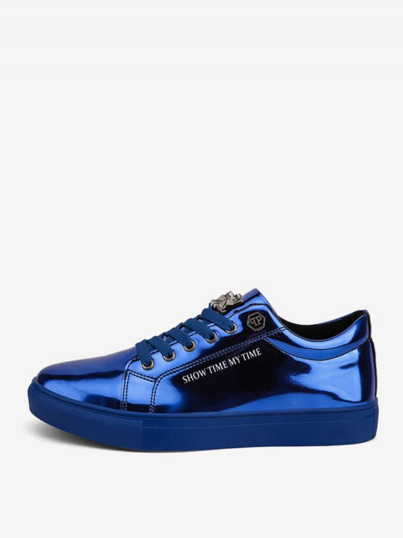 Herren-sneaker Aus Lackleder Mit Runder Zehenpartie Blaue Freizeitschuhe - Blau