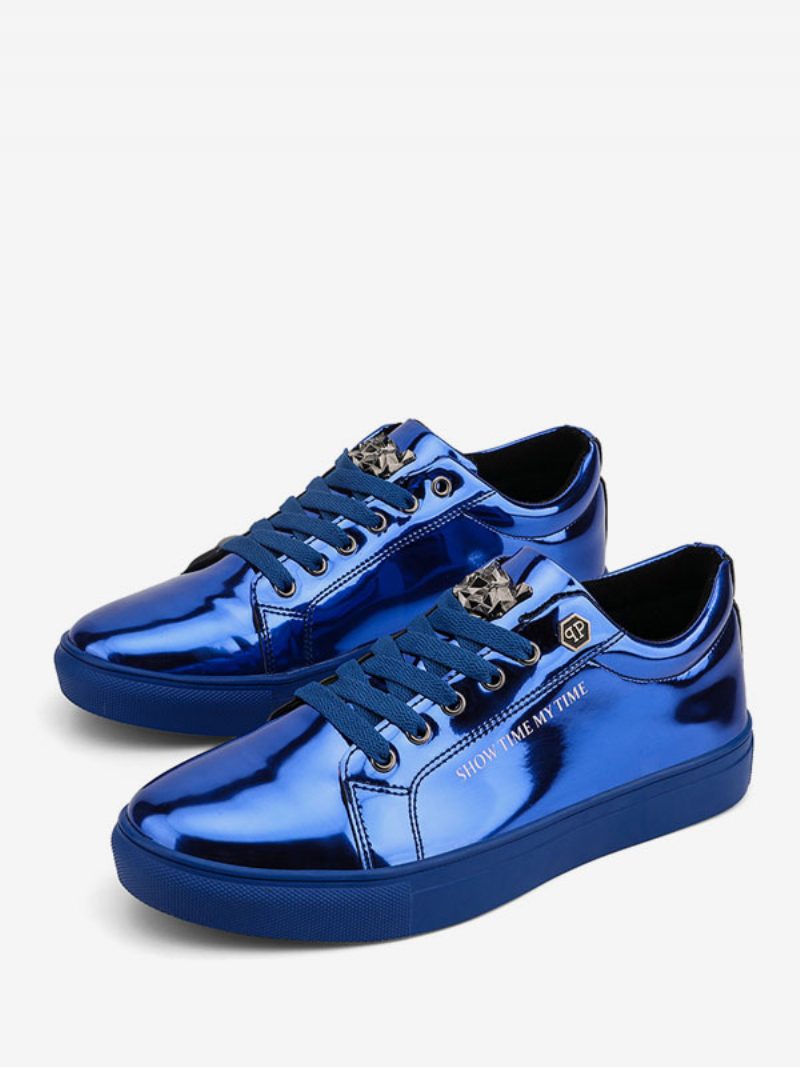 Herren-sneaker Aus Lackleder Mit Runder Zehenpartie Blaue Freizeitschuhe - Blau