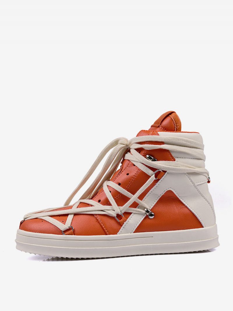 Herren-sneaker Bequemes Pu-leder Runde Zehenpartie Farbblock - Orange