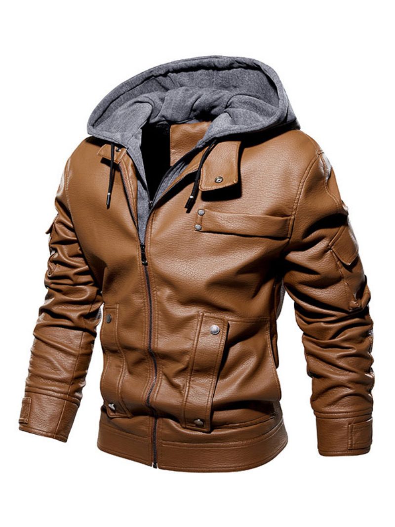 Herren-lederjacke Bequem Mehrlagiger Reißverschluss Farbblock Modisch Moto-frühling Kaffeebraun - Kaffeebraun