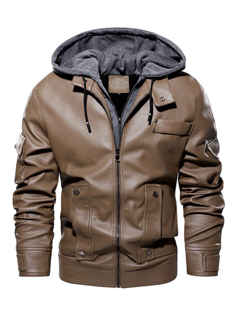 Herren-lederjacke Bequem Mehrlagiger Reißverschluss Farbblock Modisch Moto-frühling Kaffeebraun - Khaki