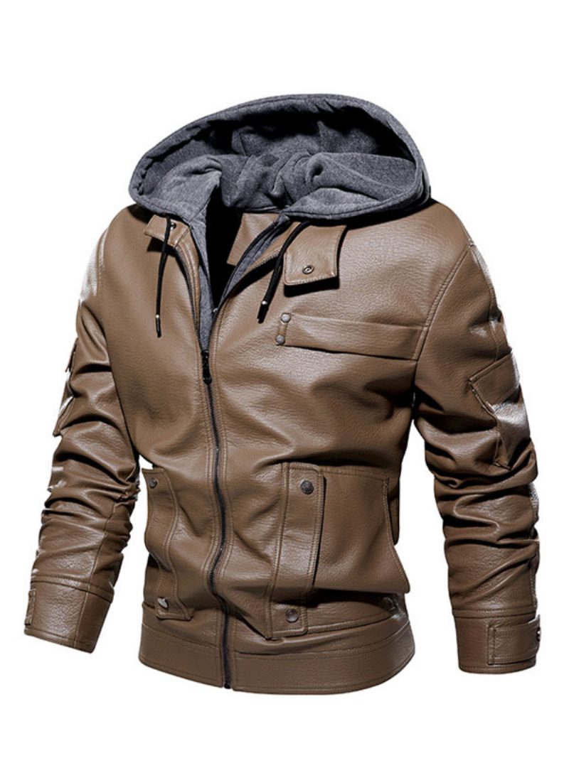 Herren-lederjacke Bequem Mehrlagiger Reißverschluss Farbblock Modisch Moto-frühling Kaffeebraun - Khaki