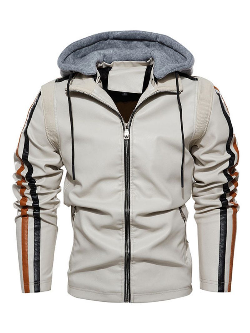 Herren-lederjacke Bequemer Mehrlagiger Reißverschluss Farbblock Smart Moto Winter Ecru-weiß