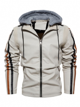 Herren-lederjacke Bequemer Mehrlagiger Reißverschluss Farbblock Smart Moto Winter Ecru-weiß