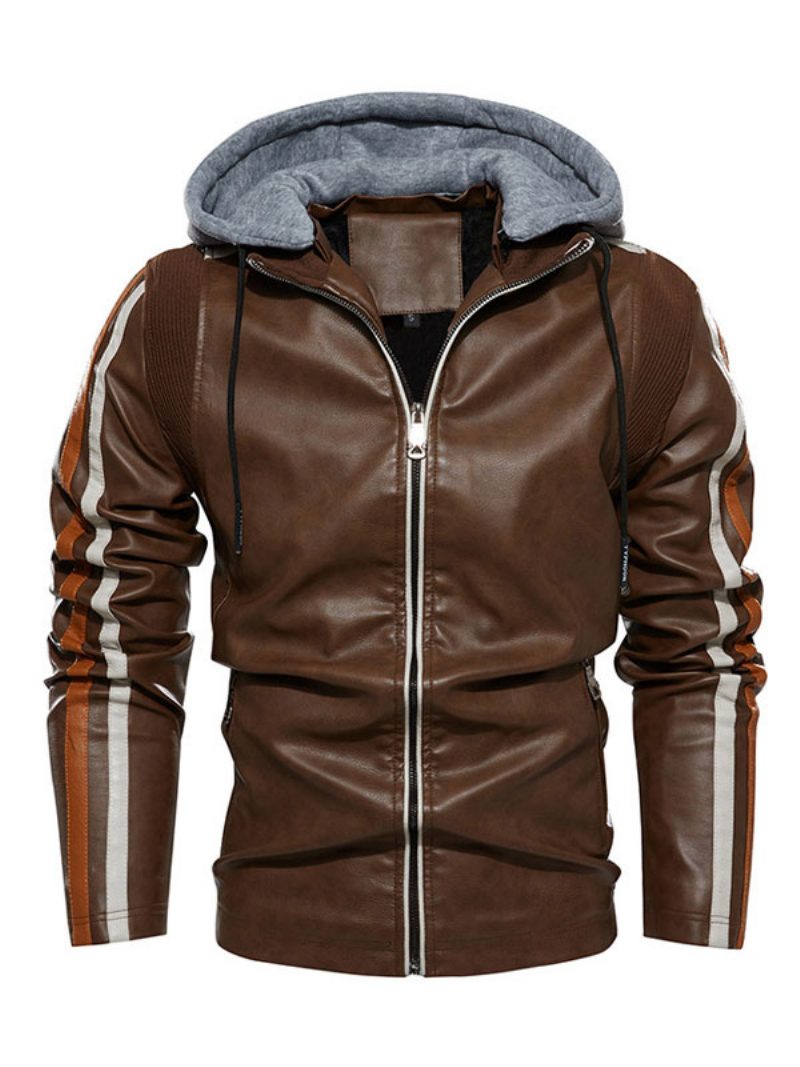 Herren-lederjacke Bequemer Mehrlagiger Reißverschluss Farbblock Smart Moto Winter Ecru-weiß - Kaffeebraun