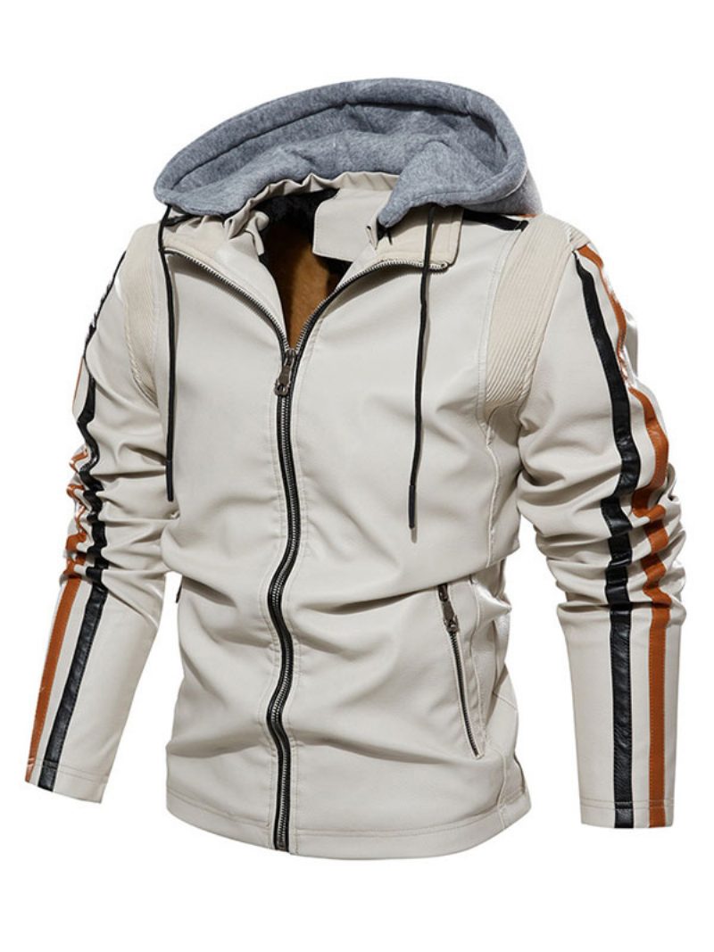 Herren-lederjacke Bequemer Mehrlagiger Reißverschluss Farbblock Smart Moto Winter Ecru-weiß - Beige