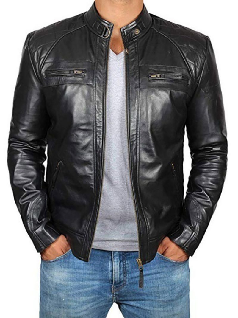 Herren Lederjacke Lässiger Windjacke Herbst Schwarz Cooler Mantel