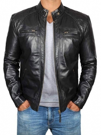 Herren Lederjacke Lässiger Windjacke Herbst Schwarz Cooler Mantel