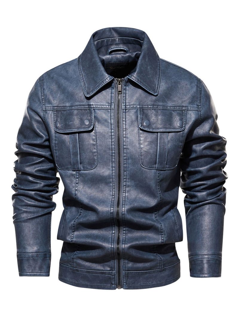 Herren Lederjacken Reißverschluss Pu-leder Verdicken Moto Fashion Layered Dazzling Blue