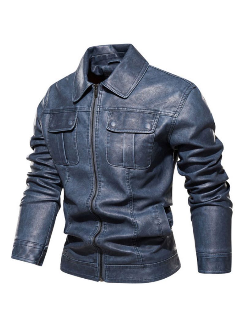 Herren Lederjacken Reißverschluss Pu-leder Verdicken Moto Fashion Layered Dazzling Blue - Schillerndes Blau