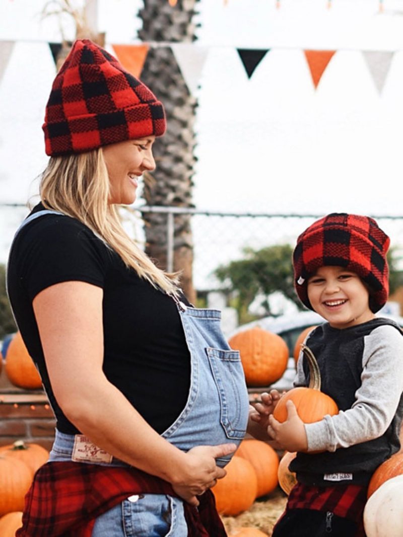 Karierte Mütze Mit Pom Poms Gehäkelte Damenmütze Für Frühling Herbst Und Winter - Burgund