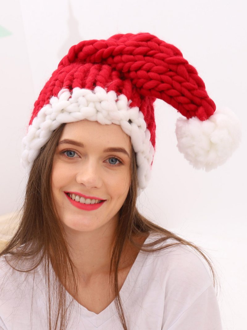 Weihnachtsmannmütze Familie Handgestrickte Pom Poms Dekorationsmütze - Rot