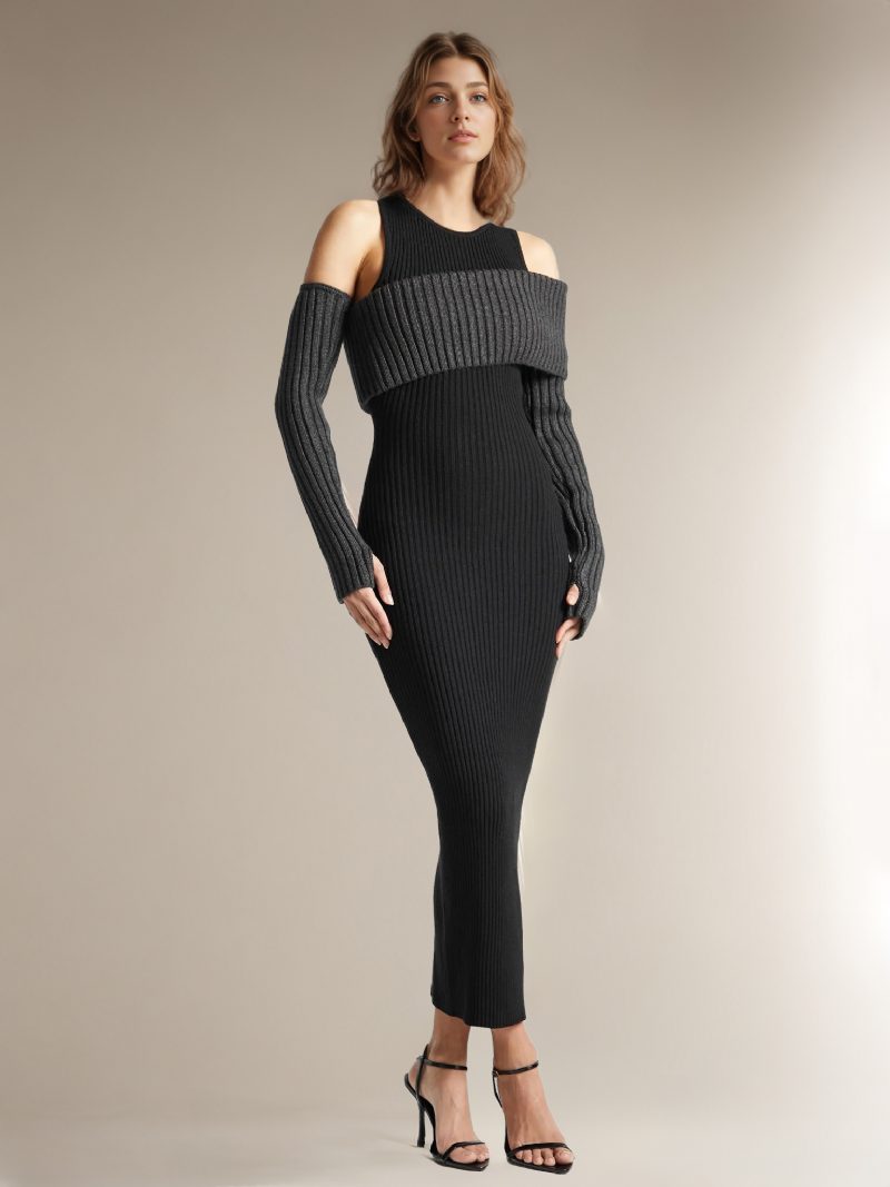 Damen-strickkleid Mit Cold Shouder Foldover Transformative Lässige Maxikleider - Schwarz