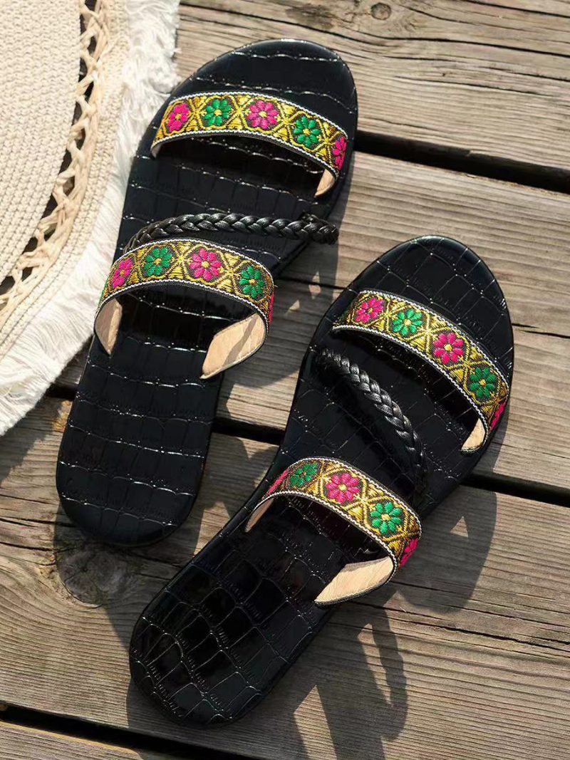 Boho-sandalen Für Damen Offene Zehen Flache Strandpantoffeln - Schwarz