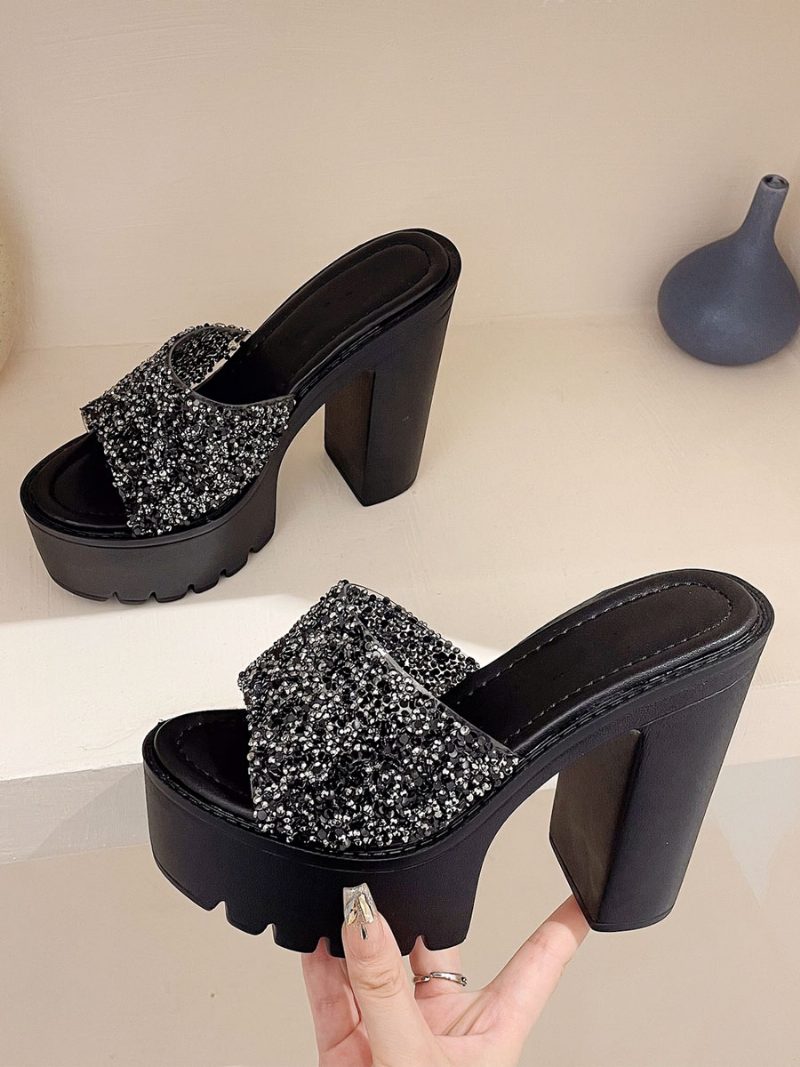 Damen-pailletten-slingbacks Mit Klobigem Absatz Pu-leder Schwarz - Schwarz