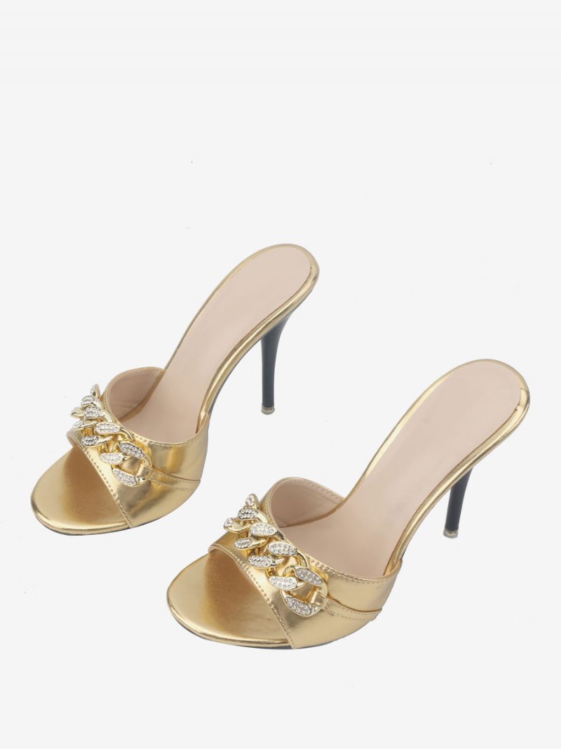 Damen-sandalen Mit Knöpfen Und Runder Zehenpartie Aus Pu-leder Stiletto-absatz Schwarz - Gold