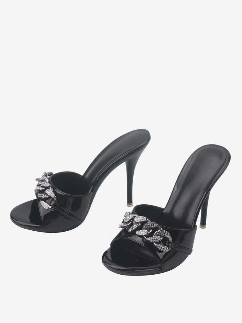 Damen-sandalen Mit Knöpfen Und Runder Zehenpartie Aus Pu-leder Stiletto-absatz Schwarz - Schwarz