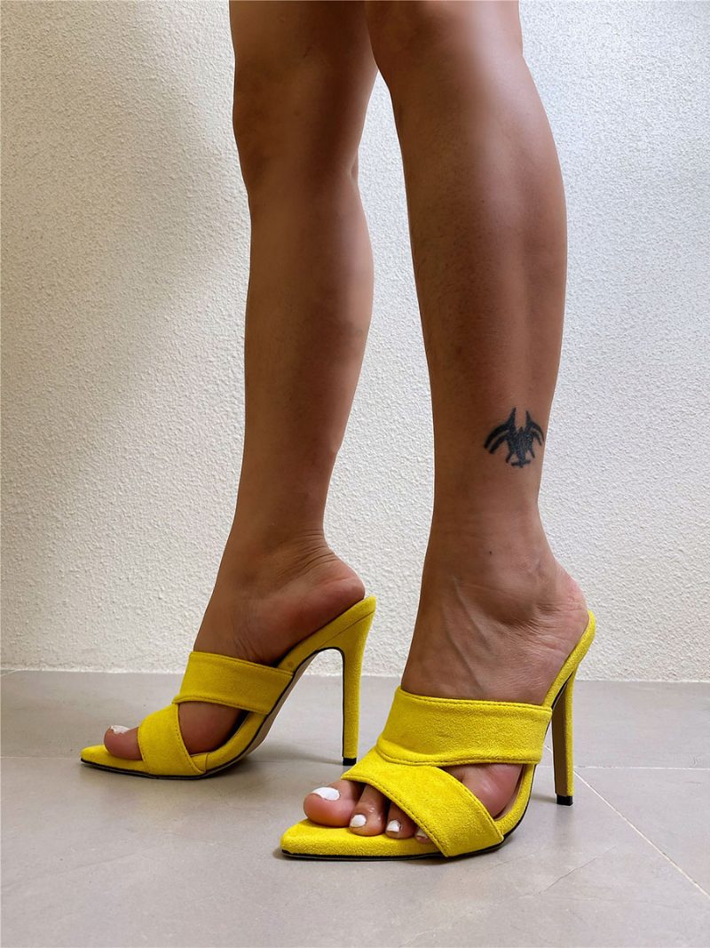 Damen-sandalen Mit Schickem Obermaterial Aus Micro-wildleder Spitzer Zehenbereich Stiletto-absatz - Gelb