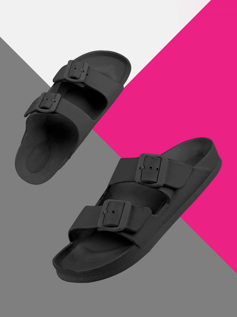 Damen-slide-sandalen Lässige Gummi-hausschuhe Mit Runder Zehenpartie - Schwarz