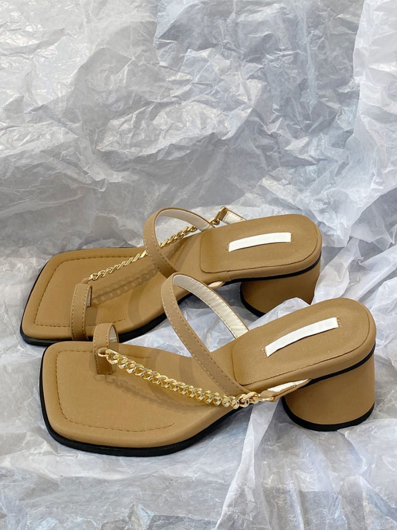 Damen-slide-sandalen Schicke Ketten Polyester Quadratische Zehenpartie Klobiger Absatz - Hellbraun