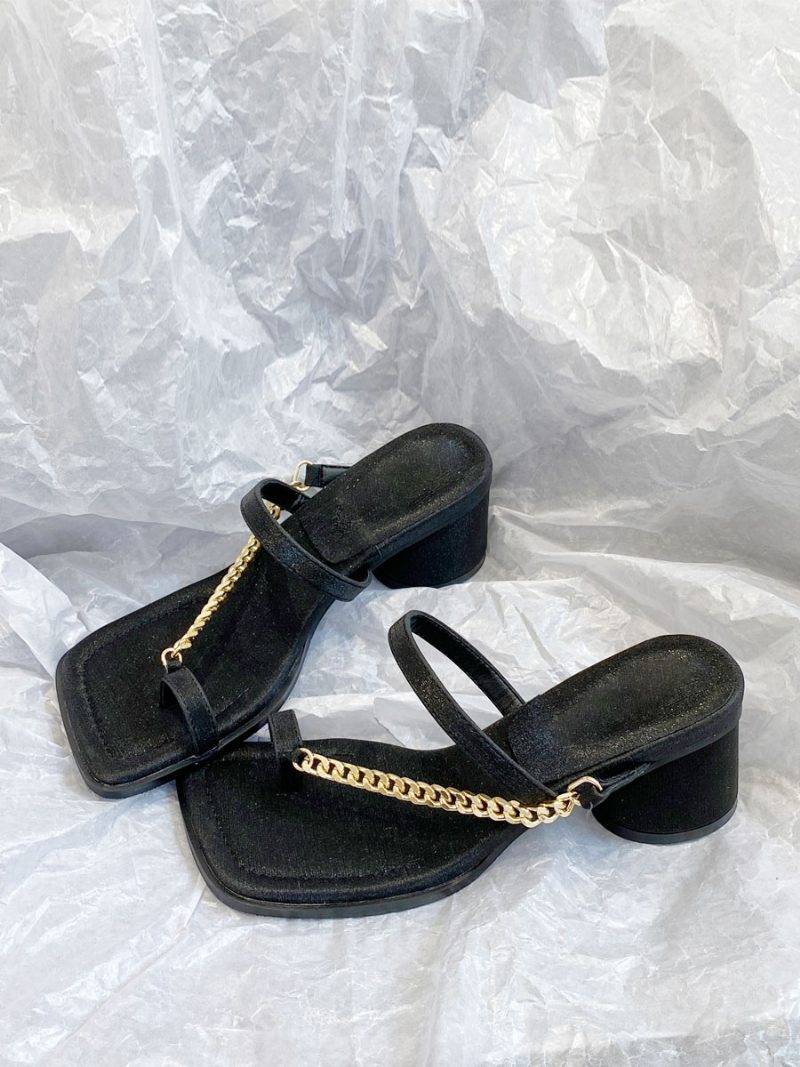 Damen-slide-sandalen Schicke Ketten Polyester Quadratische Zehenpartie Klobiger Absatz - Schwarz