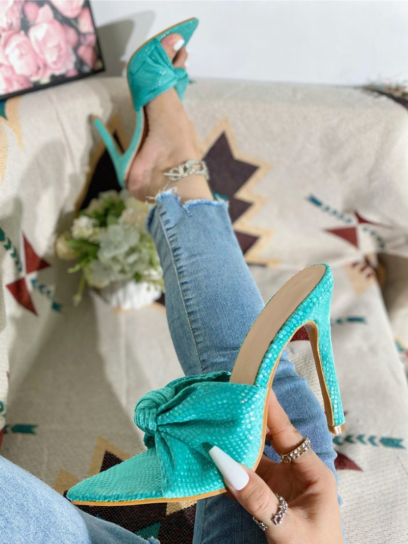 Damen-slide-sandalen Schicke Plissierte Nubuk-mehrfarben-peep-toe-stiletto-absatz-hausschuhe - Cyanblau