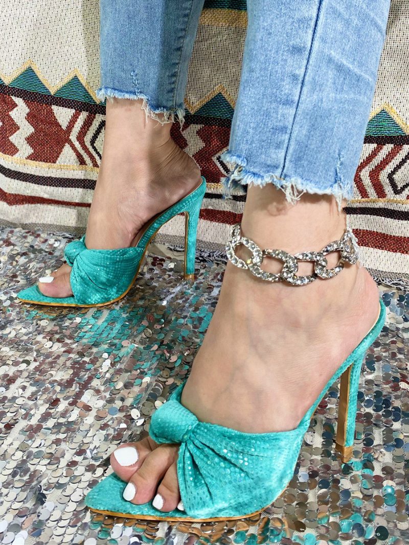 Damen-slide-sandalen Schicke Plissierte Nubuk-mehrfarben-peep-toe-stiletto-absatz-hausschuhe - Cyanblau