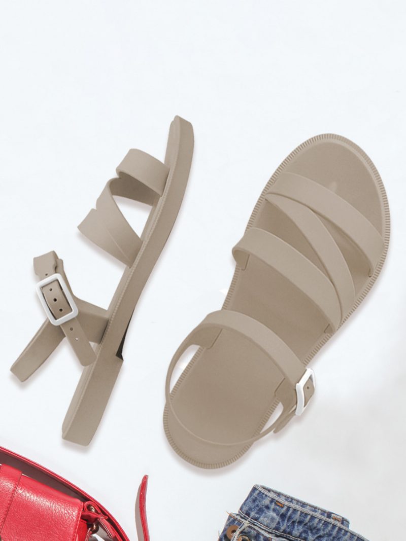 Damen-slidesandalen Ecruweiß Lässige Riemchensandalen - Champagner