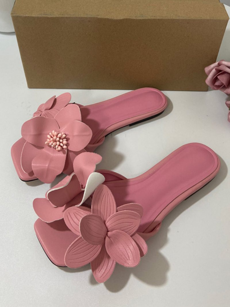 Damen-slidesandalen Schicke Blumen Mikrofaser Offene Zehenpartie Kitten-heel-hausschuhe - Rosa