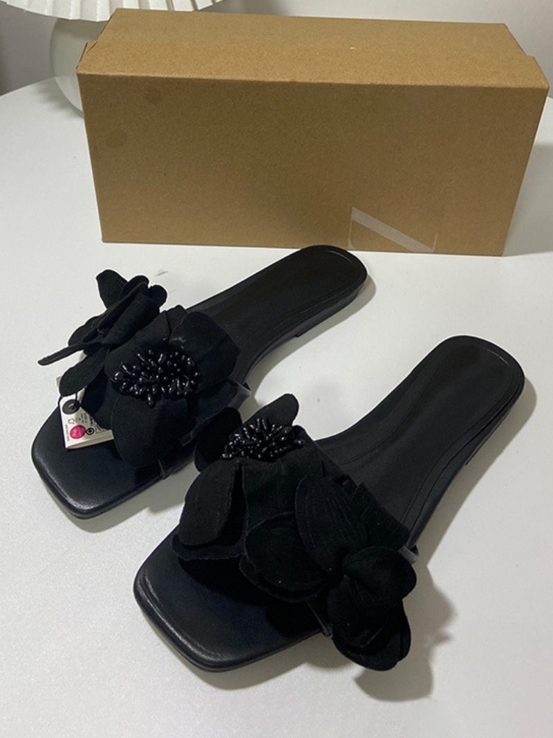 Damen-slidesandalen Schicke Blumen Mikrofaser Offene Zehenpartie Kitten-heel-hausschuhe - Schwarz