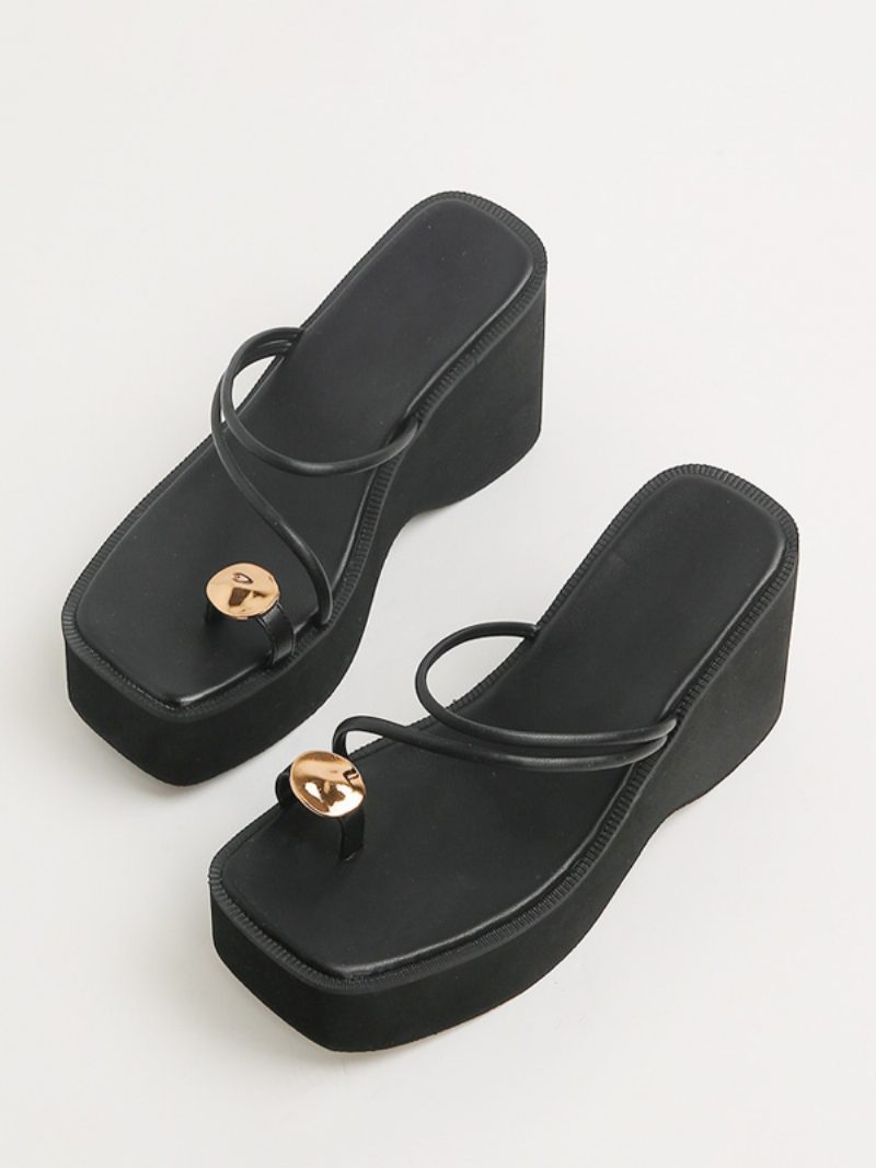 Damen-slipper Mit Keilabsatz Schwarze Plateau-sandalen Zehenschlaufe - Schwarz