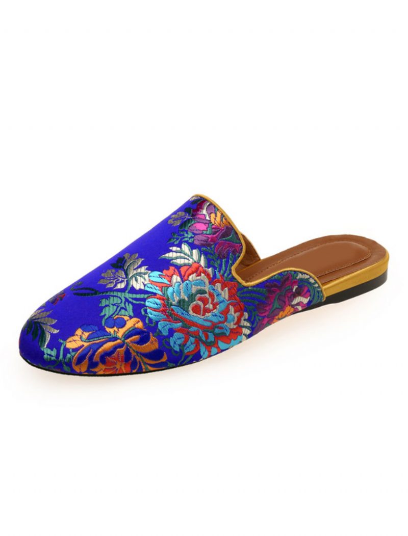 Flache Damen-pantoletten Aus Satin Mit Runder Zehenpartie Und Floraler Stickerei - Blau