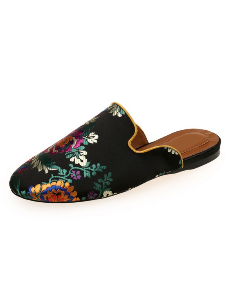 Flache Damen-pantoletten Aus Satin Mit Runder Zehenpartie Und Floraler Stickerei - Schwarz