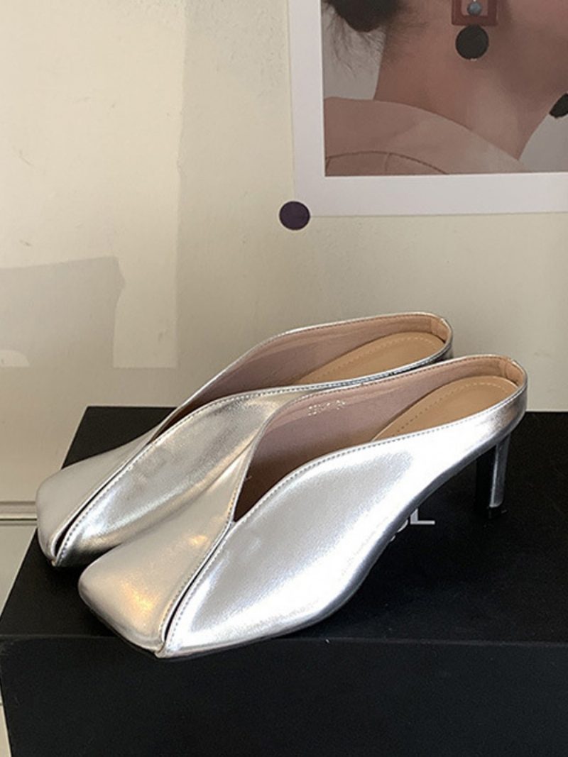 Metallic-pantoletten Für Damen Champagner-pantoletten Mit Stiletto-absatz - Silber