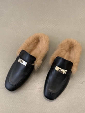 Schwarze Damen-loafer Mit Kunstpelz Und Metalldetails Zum Hineinschlüpfen