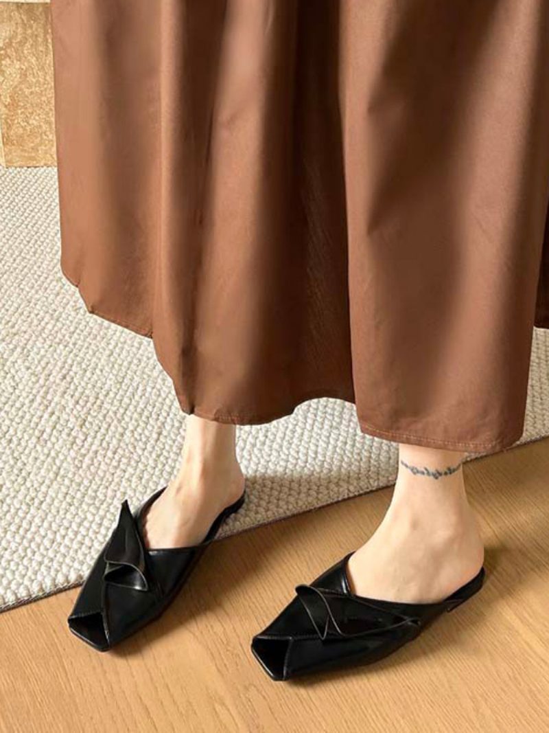 Schwarze Damen-pantoletten Mit Quadratischer Zehenpartie Pu-design Rückenfreie Slip-on-hausschuhe