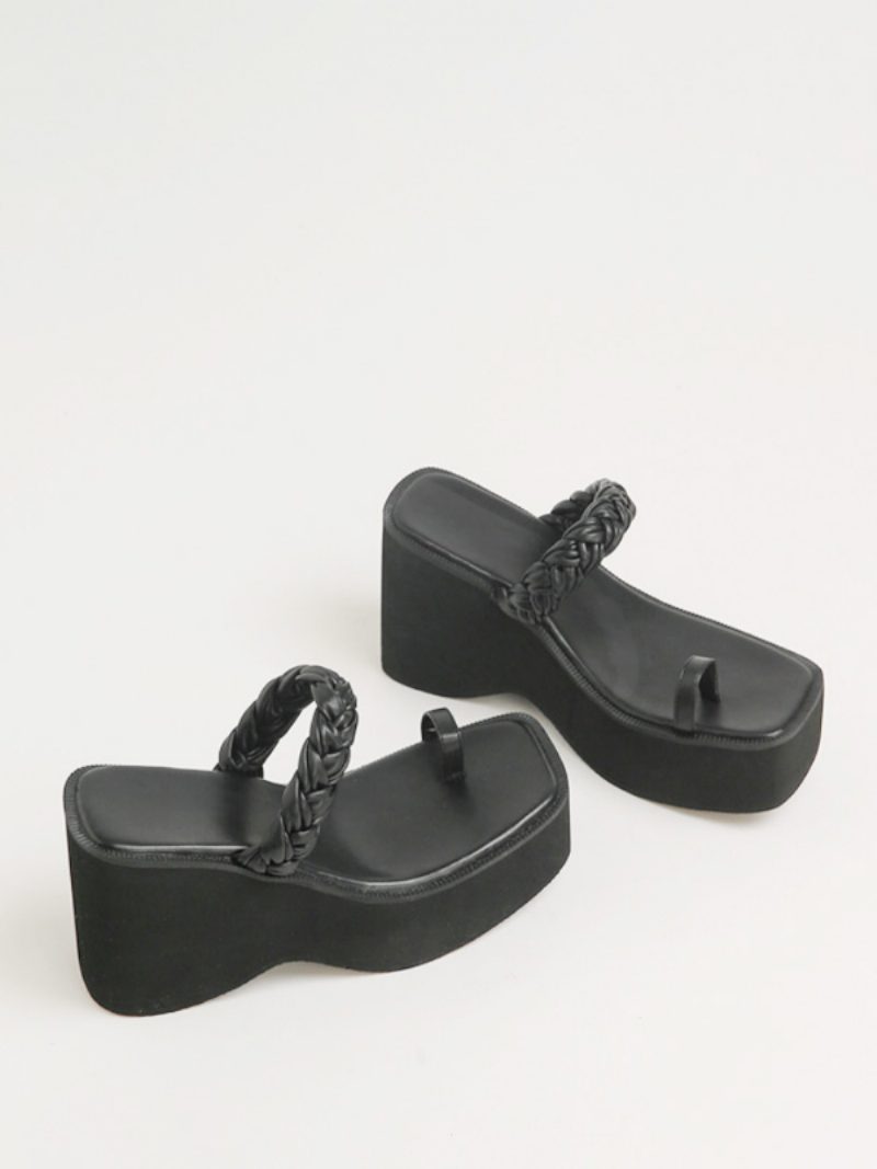 Schwarze Keilpantoffeln Für Damen Zehenschlaufe Plissierter Keilabsatz Slide-sandalen - Schwarz