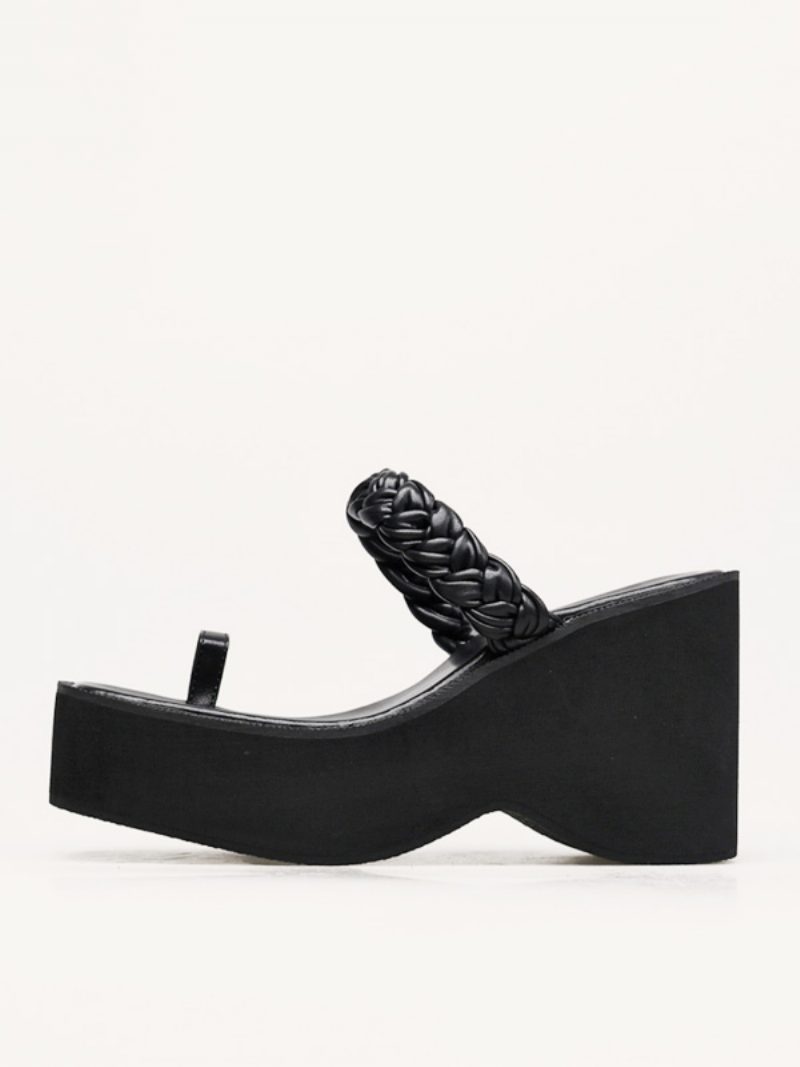 Schwarze Keilpantoffeln Für Damen Zehenschlaufe Plissierter Keilabsatz Slide-sandalen - Schwarz