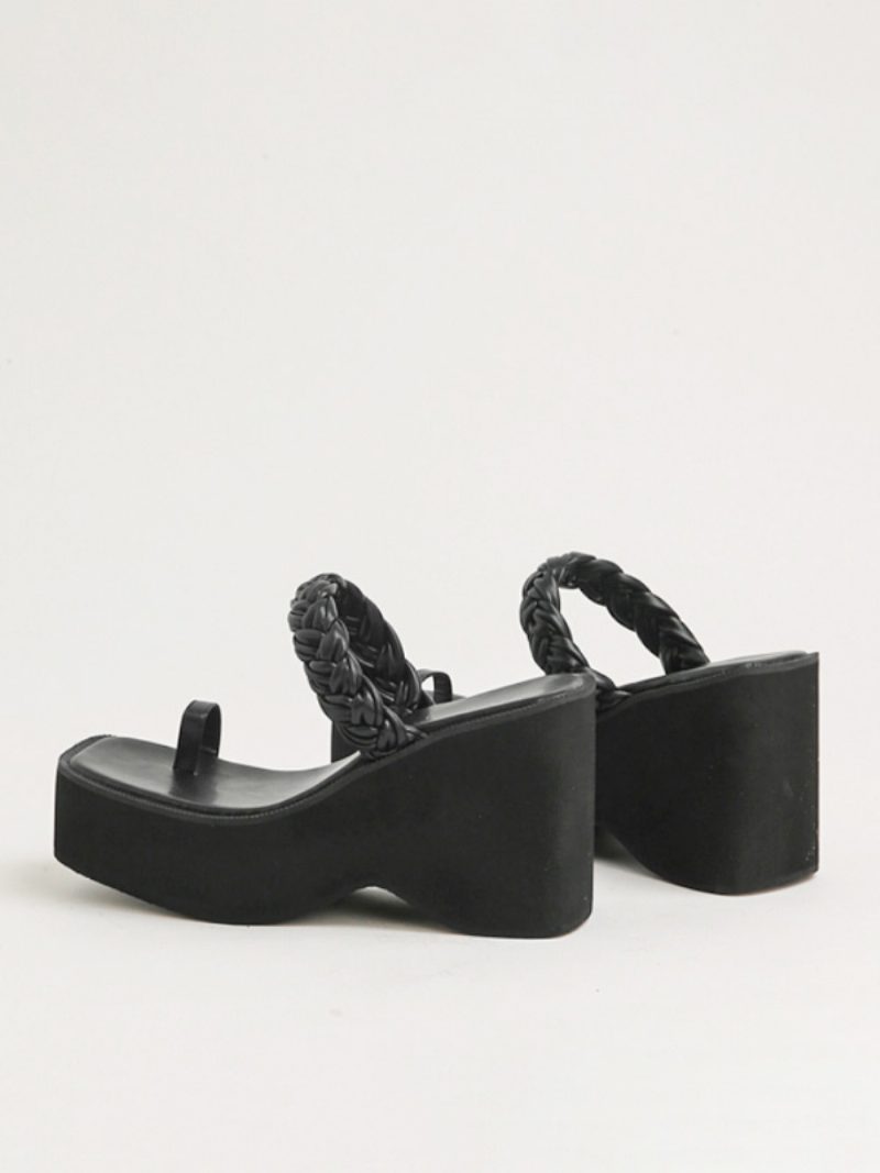 Schwarze Keilpantoffeln Für Damen Zehenschlaufe Plissierter Keilabsatz Slide-sandalen - Schwarz