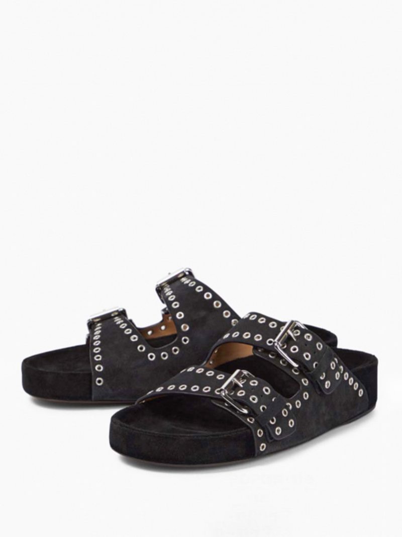 Schwarze Slide-sandalen Für Damen Mit Schicker Schnalle Nubukleder Runder Zehenpartie