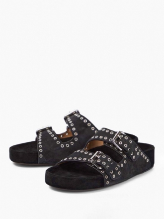 Schwarze Slide-sandalen Für Damen Mit Schicker Schnalle Nubukleder Runder Zehenpartie