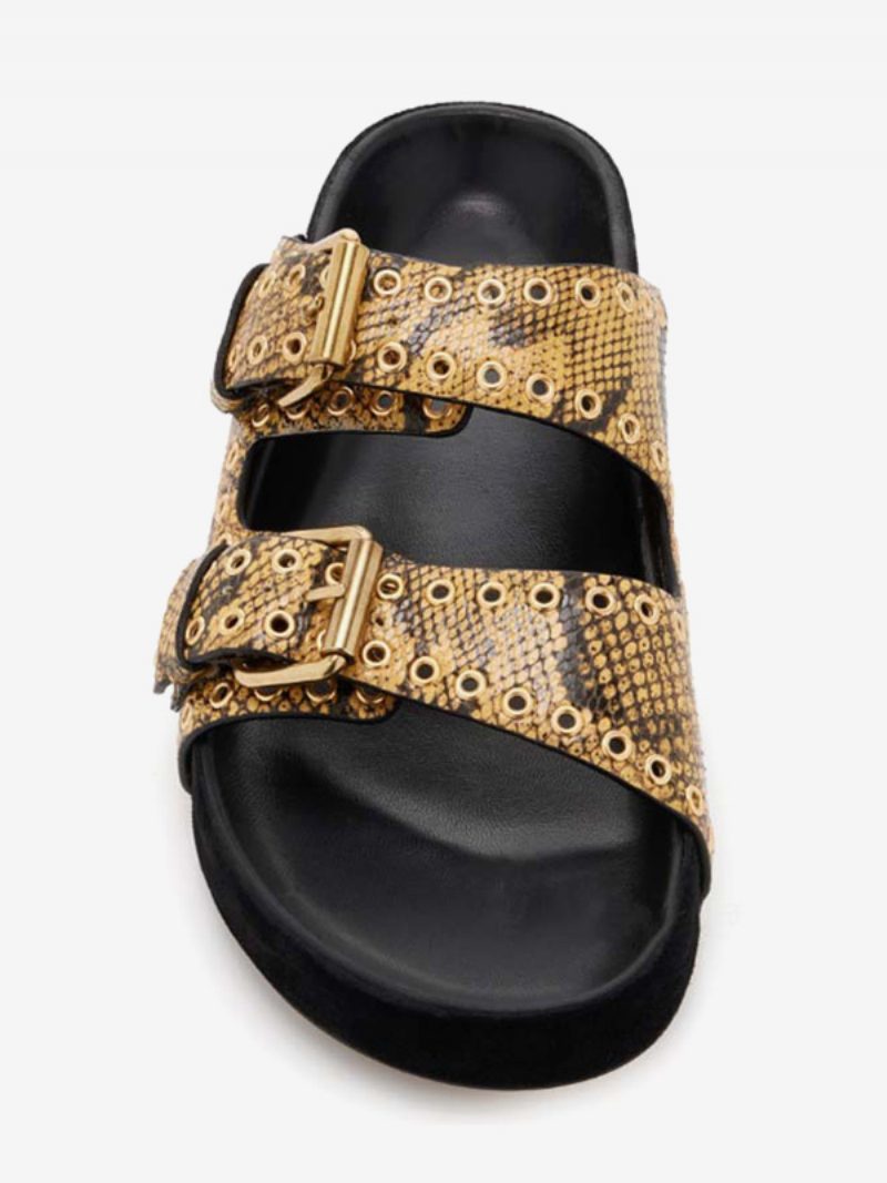 Schwarze Slide-sandalen Für Damen Mit Schicker Schnalle Nubukleder Runder Zehenpartie - Gelb