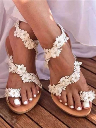 Boho-hochzeitsschuhe Für Damen Braune Zehenschlaufe Blumen Flache Sandalen