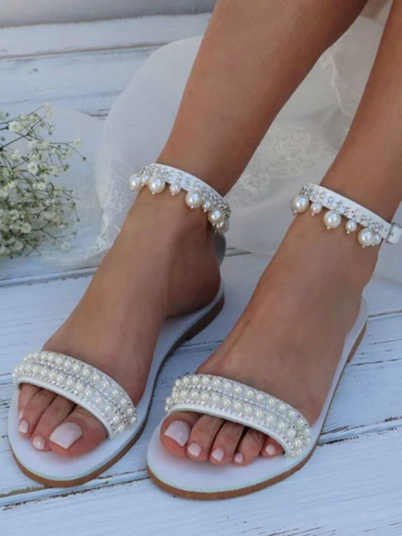 Boho-hochzeitsschuhe Für Damen Pu-leder Runde Zehenpartie Perlen Braut-flats - Weiß