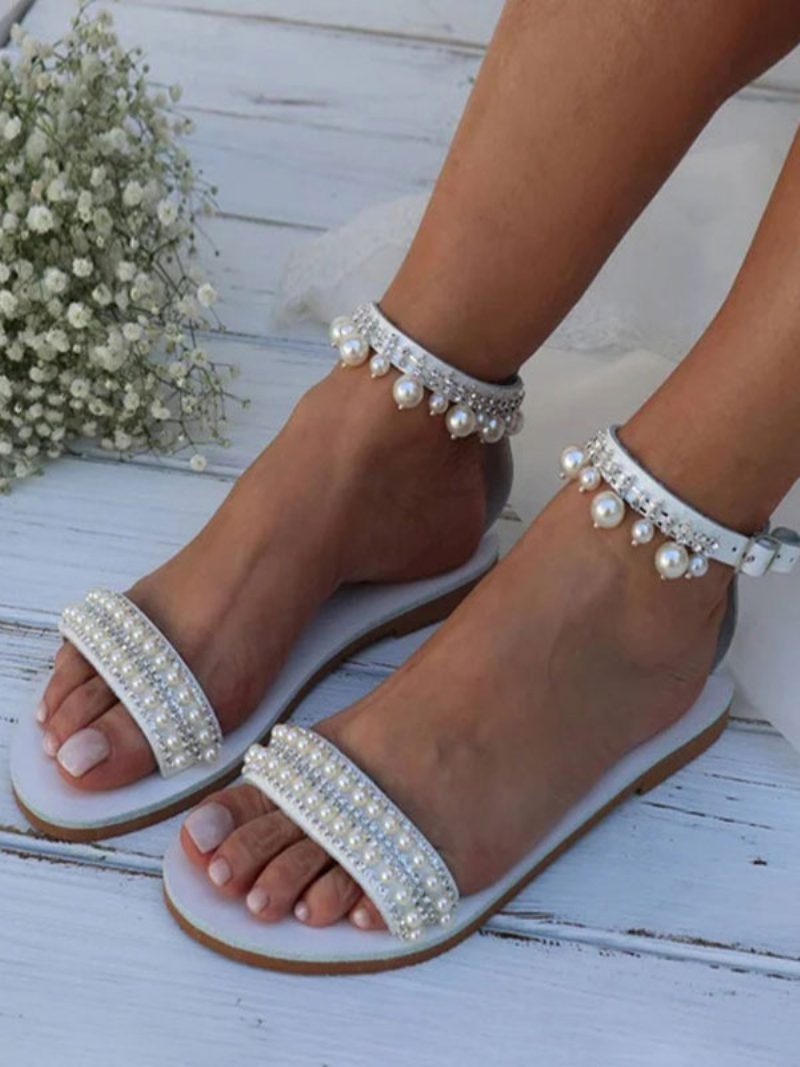 Boho-hochzeitsschuhe Für Damen Pu-leder Runde Zehenpartie Perlen Braut-flats - Weiß